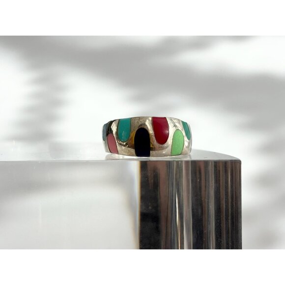 Mosaic Multi Gemstone Inlay Unusual 925 Sterling Silver Vintage Ring - sz 7 - Picture 11 of 11